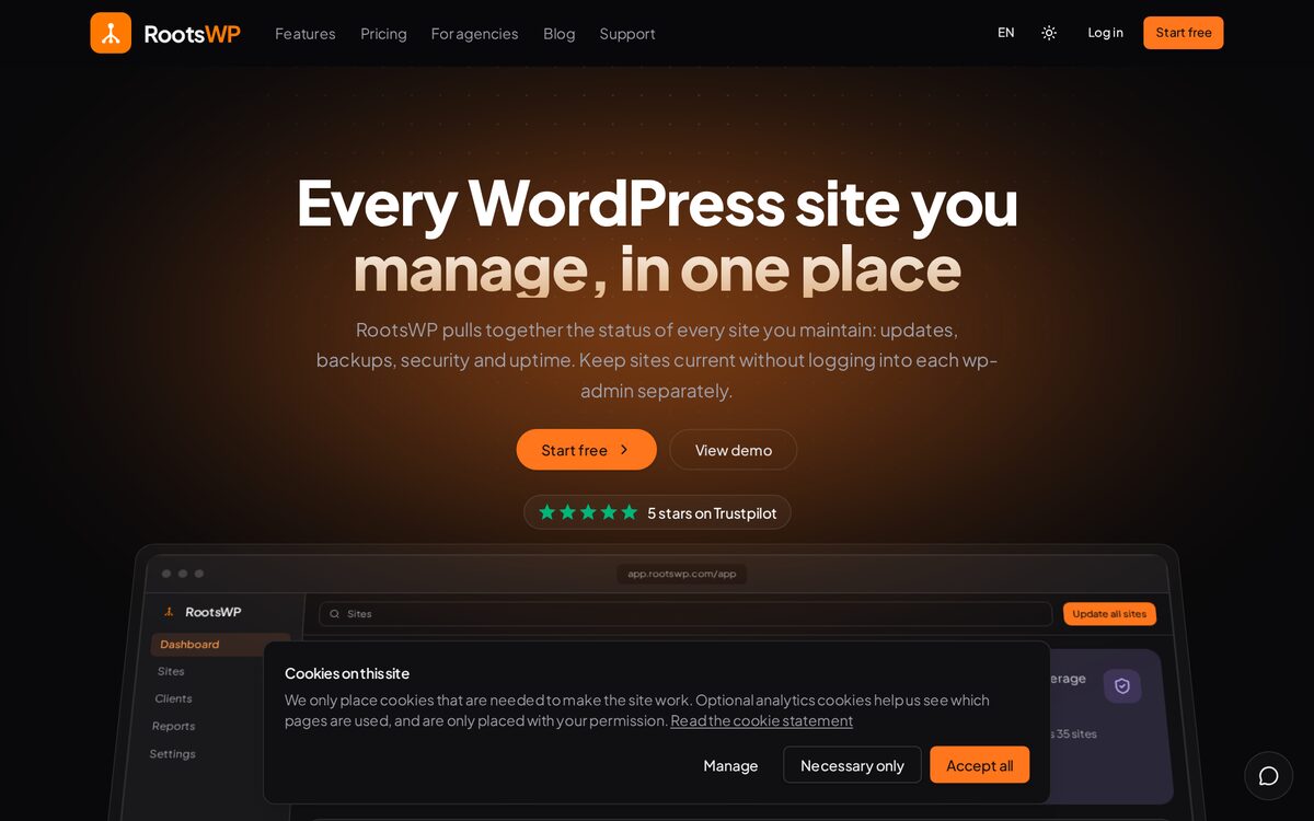 Homepage van RootsWP — al je WordPress-sites in één dashboard