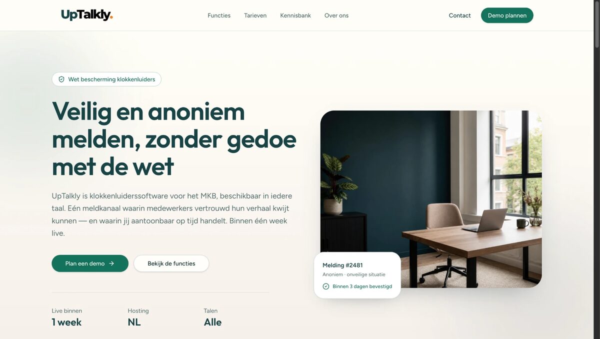 Homepage van Uptalkly — klokkenluidersoftware